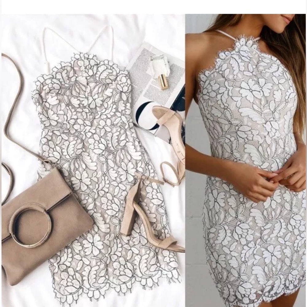 NWT Lulu’s Delicate Darling Beige & Ivory Lace Bodycon Halter Dress - Picture 7 of 10